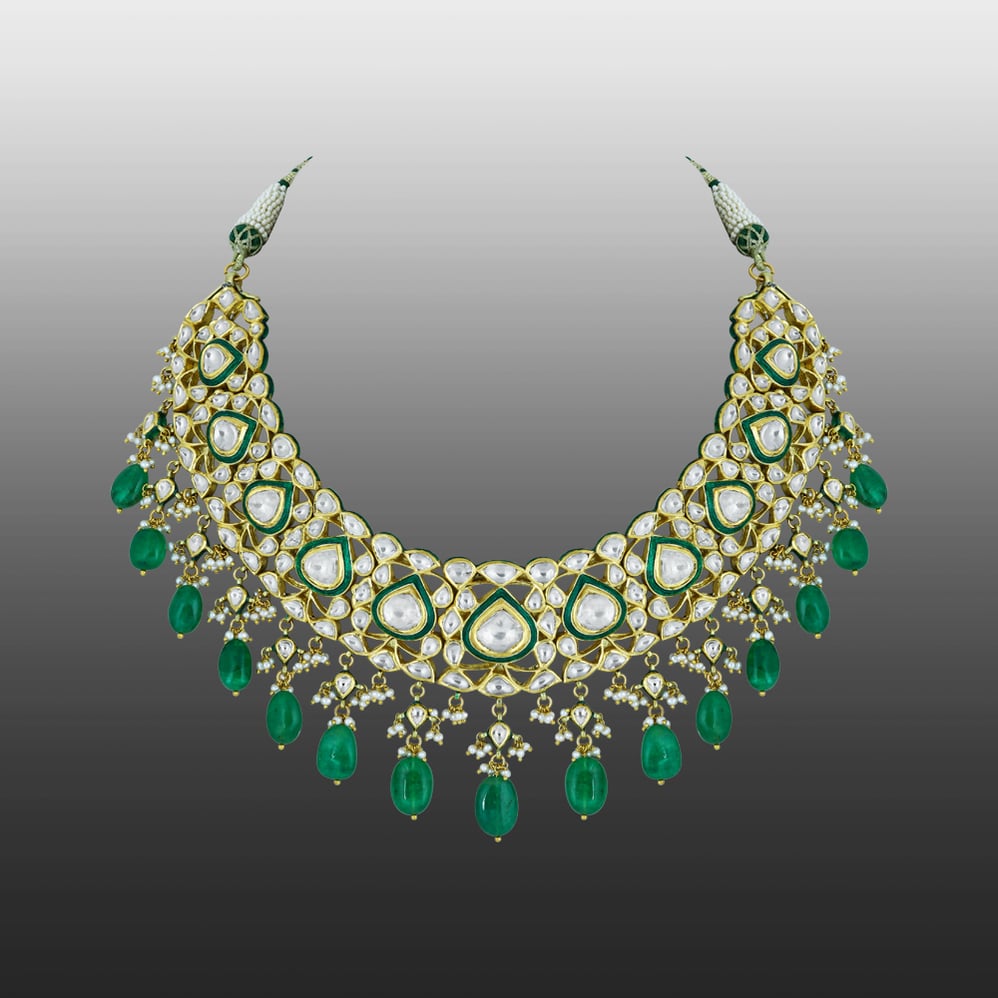 Polki Necklace with Green Enamel and Emerald Drops